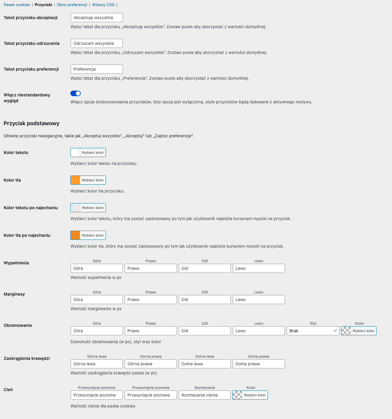 Flexible Cookies Styling Addon - Ustawienia przycisków