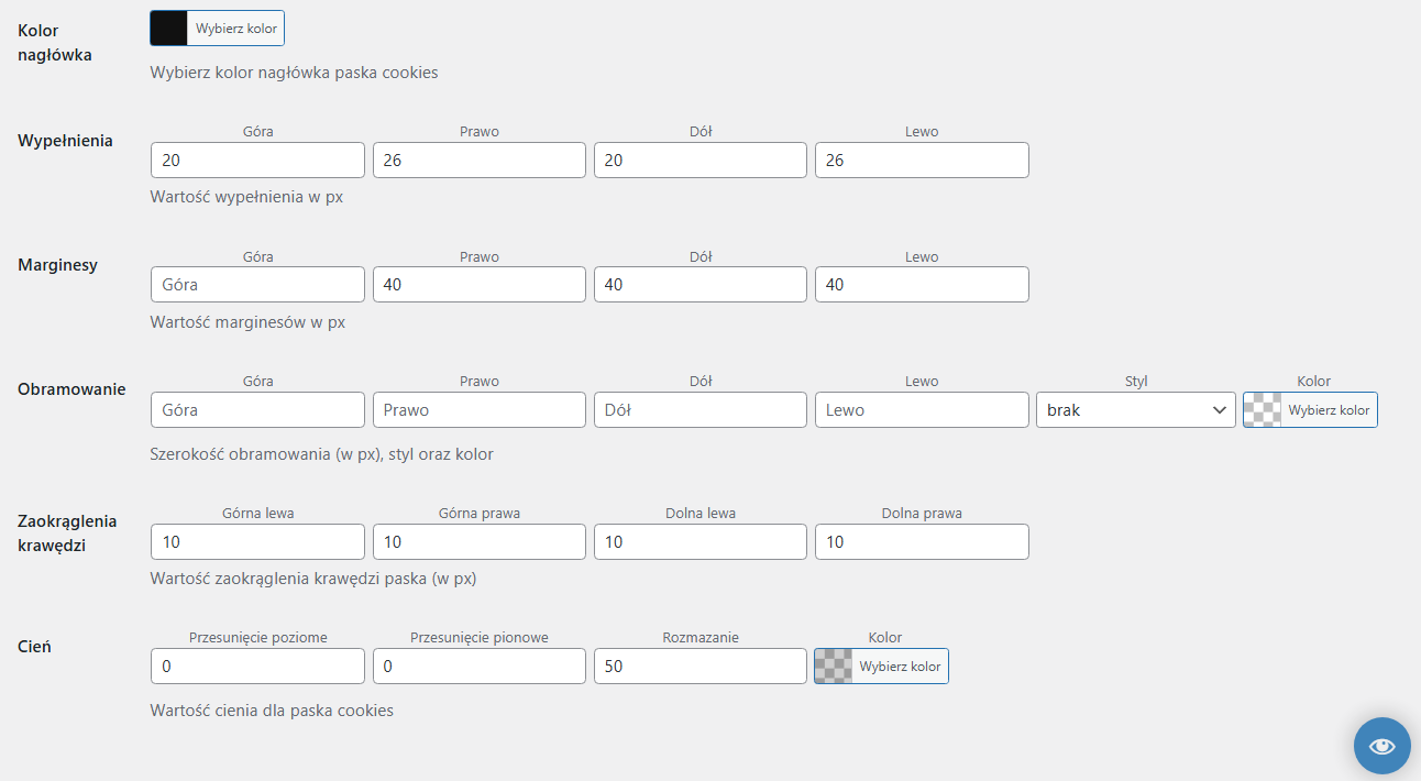 Dodatkowe marginesy, obramowanie, wypełnienia itd dla paska cookies