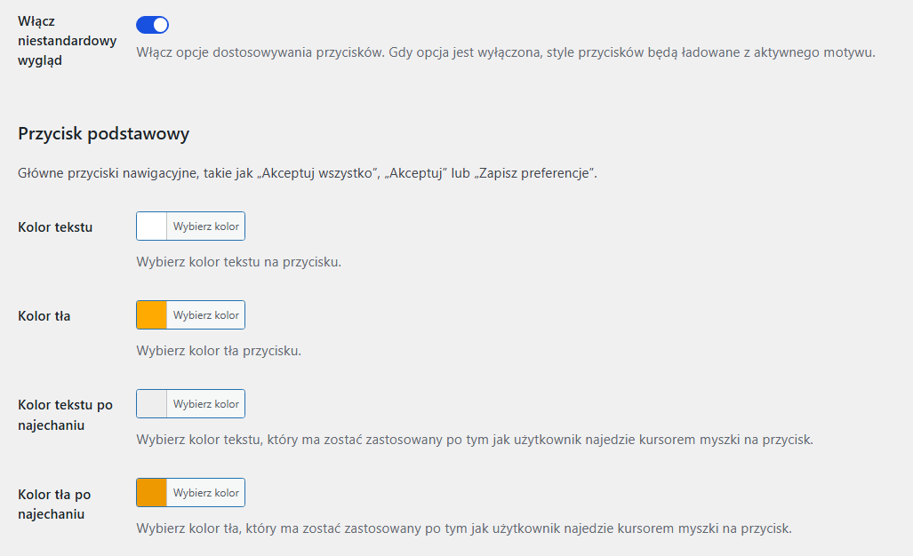 Niestandardowy wygląd przycisków w pasku cookies