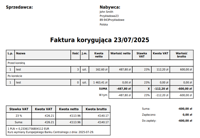 Faktura korygująca, sekcja do zapłaty