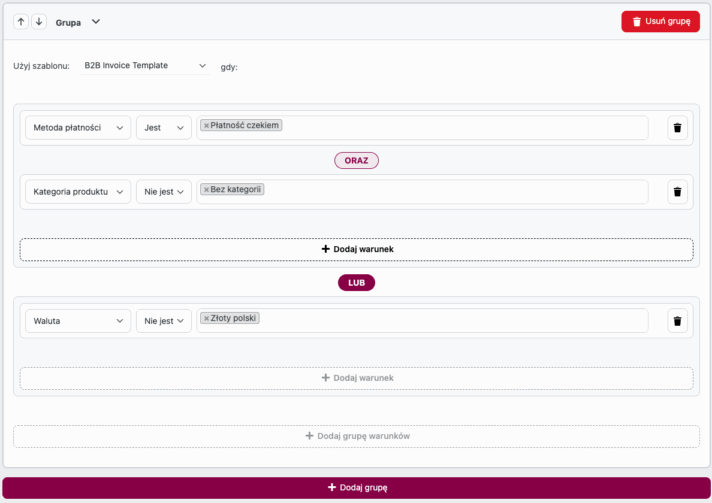 Faktury WooCommerce - warunki wyboru szablonu faktury - przykład