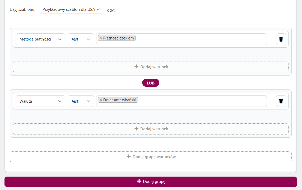 Przykładowy szablon logiki warunkowej dla Faktur WooCommerce