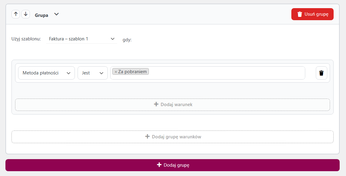 Przykładowy szablon logiki warunkowej dla płatności za pobraniem Faktur WooCommerce