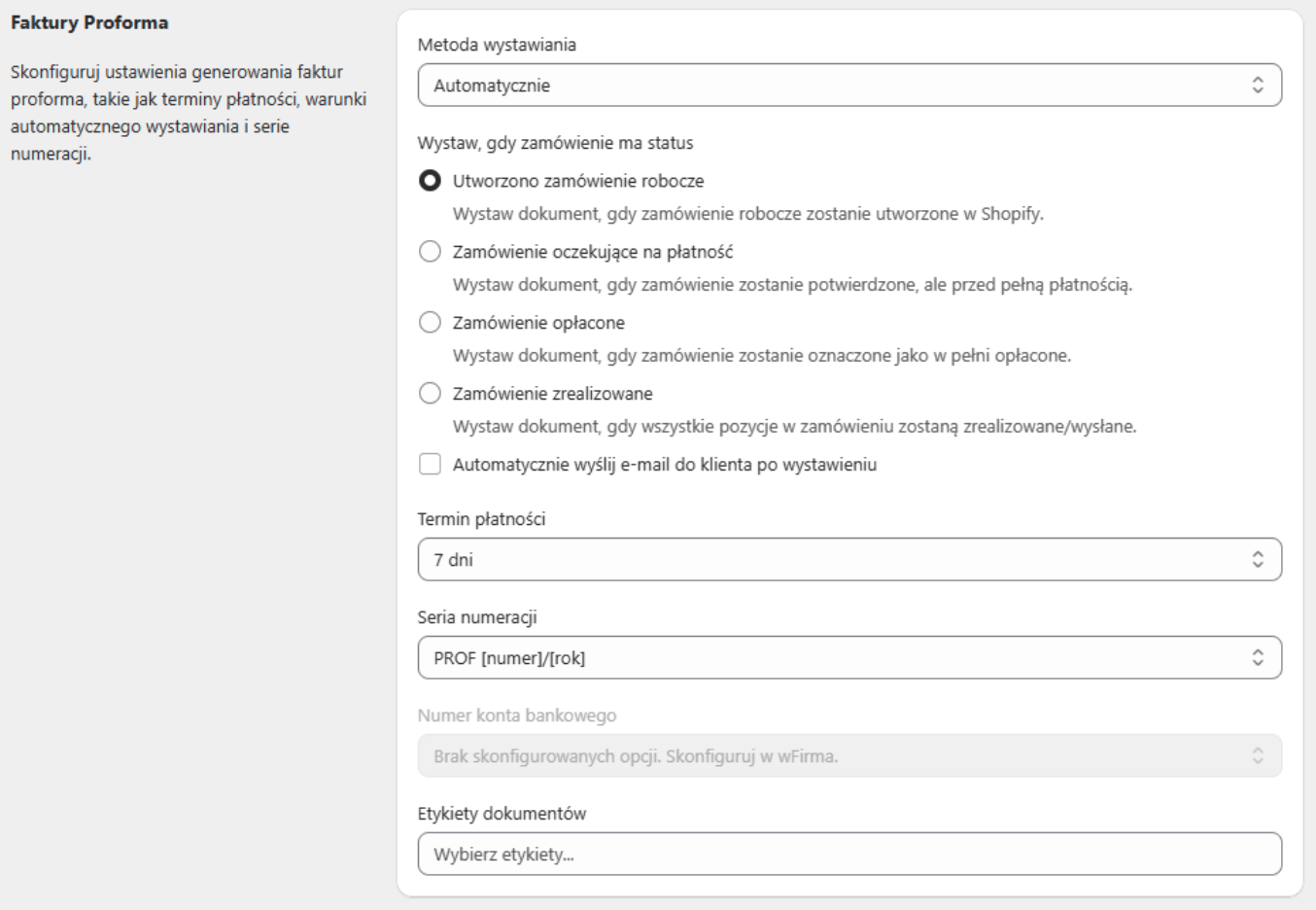 Ustawienia proform wFirma w sklepie Shopify