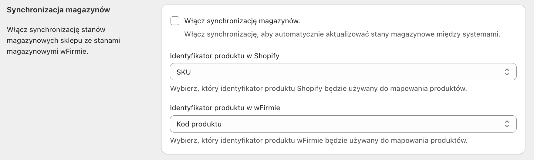 wfirma shopify - ustawienia główne