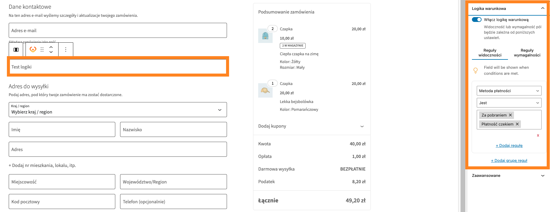 Flexible Checkout Fields dla Bloków - Ustawienia logiki warunkowej
