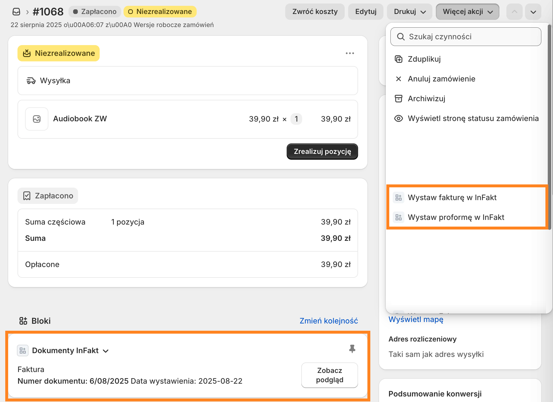 InFakt Shopify - zamówienie