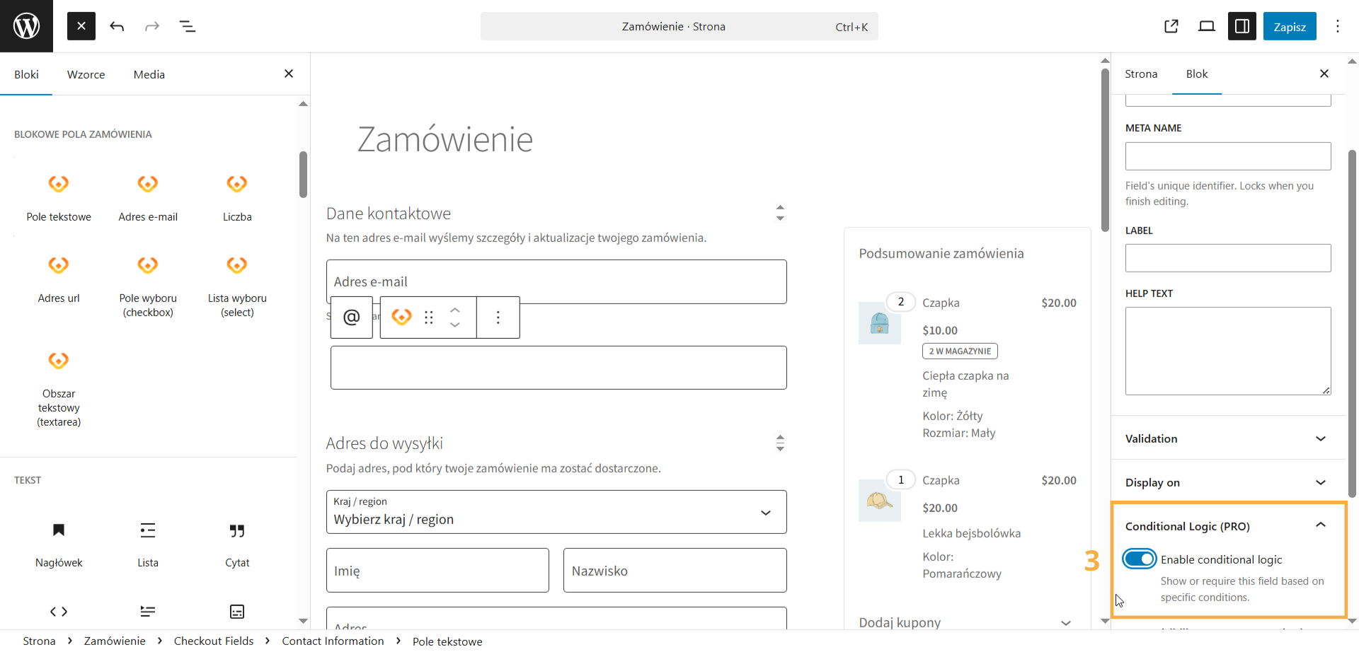 Włączanie opcji logiki warunkowej WooCommerce we wtyczce Checkout Block Fields