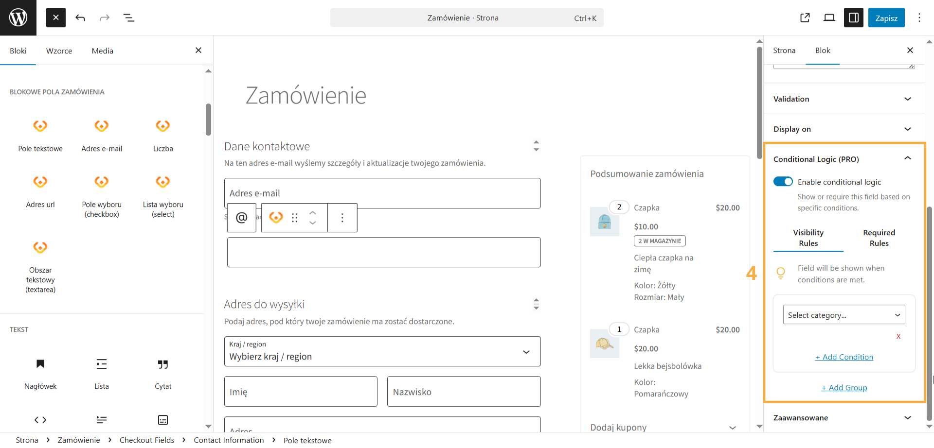 Wybór kategorii i warunku do konfiguracji logiki warunkowej WooCommerce w Checkout Block Fields