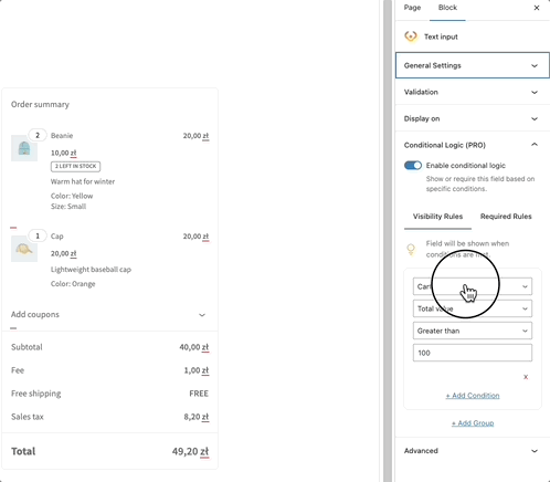 Plik przedstawia typy warunków do wyboru w logice warunkowej Checkout Fields For Blocks