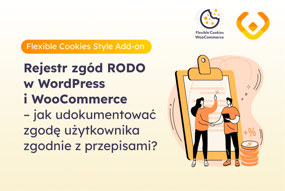 Baner artykułu „Rejestr zgód RODO w WordPress i WooCommerce – jak udokumentować zgodę użytkownika zgodnie z przepisami?” z nazwą wtyczki Flexible Cookies Style Add-on i logo WP Desk.