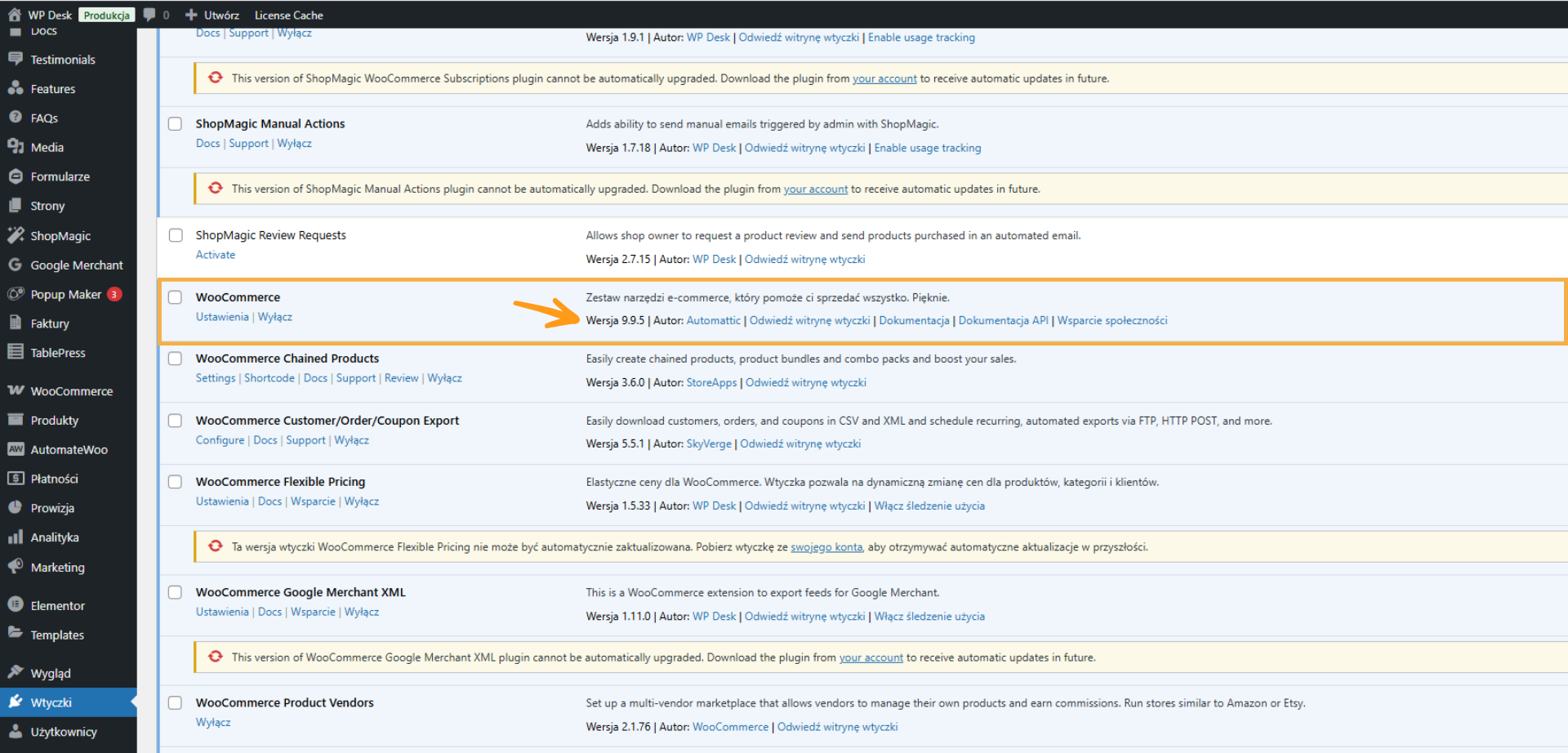 Status witryny WordPress ze wskazaniem wtyczek włączonych