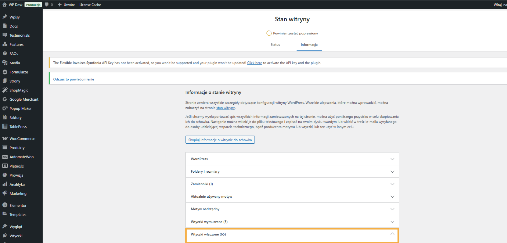 Wersja WooCommerce wskazana w raporcie Statusu Systemu WordPress.