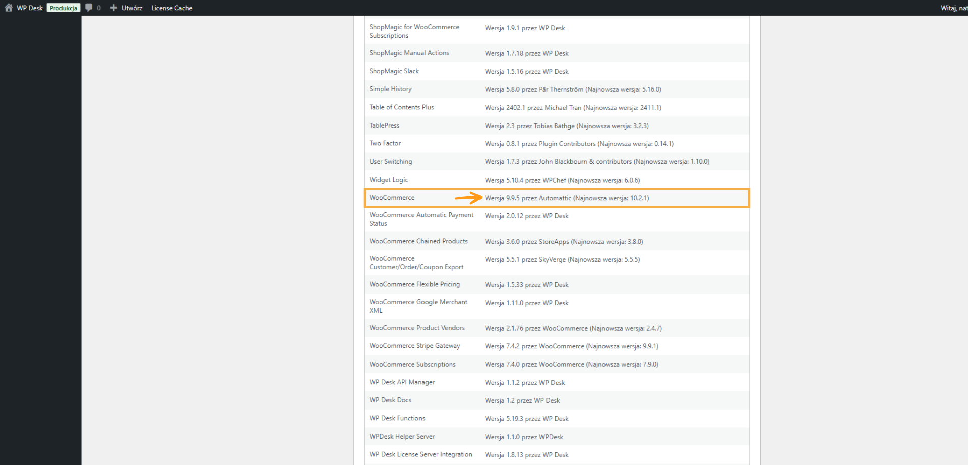 Status witryny WordPress z rozwiniętą sekcją wtyczek i zaznaczonym WooCommerce.