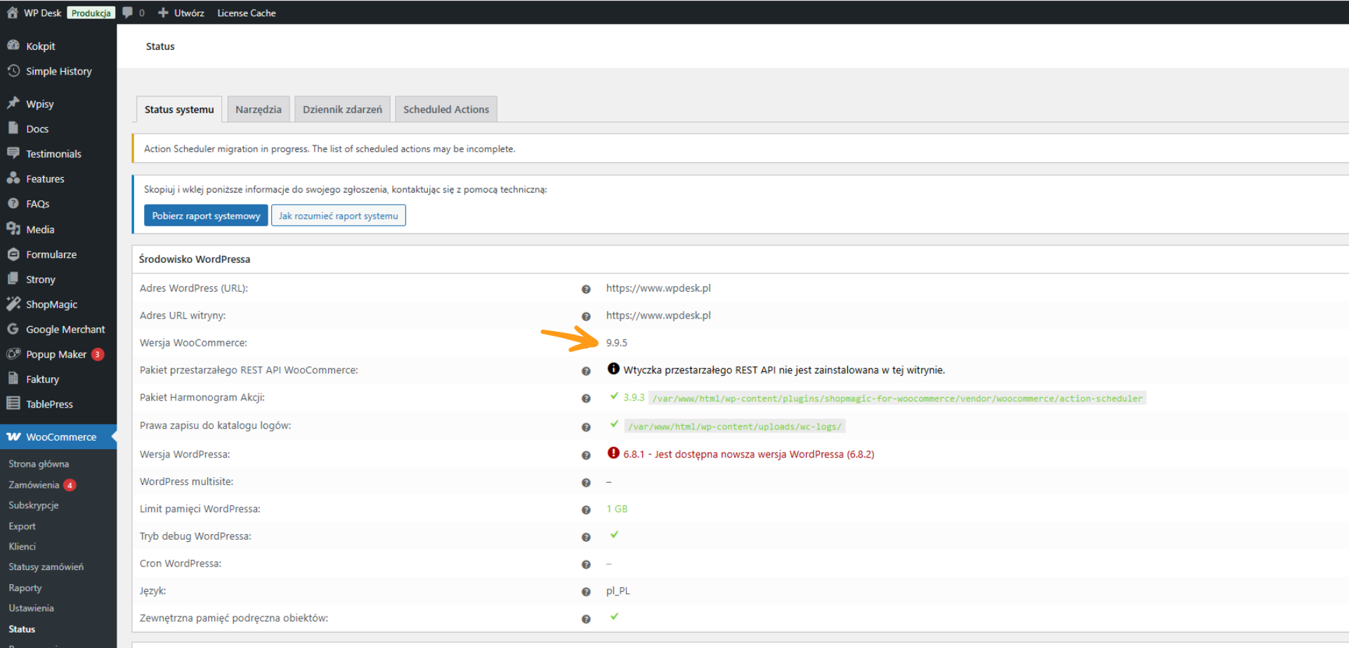 Wersja WooCommerce wskazana w raporcie Statusu Systemu WordPress.