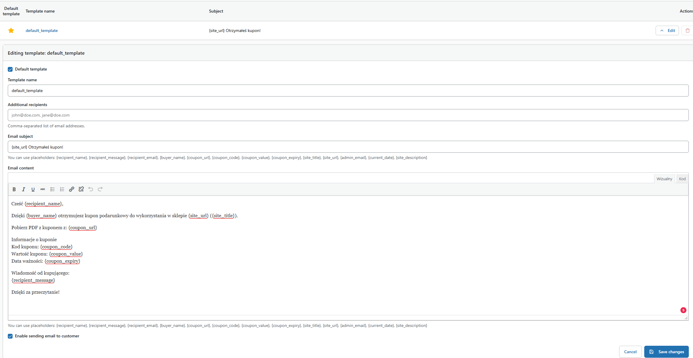 Opcje dodatku w ustawieniach wtyczki