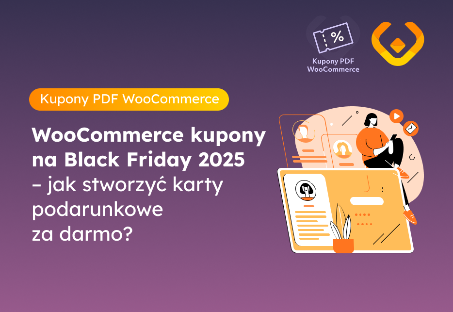 Baner artykułu: WooCommerce kupony na Black Friday 2025 – jak stworzyć karty podarunkowe za darmo, z nazwą wtyczki Kupony PDF WooCommerce i logo WP Desk