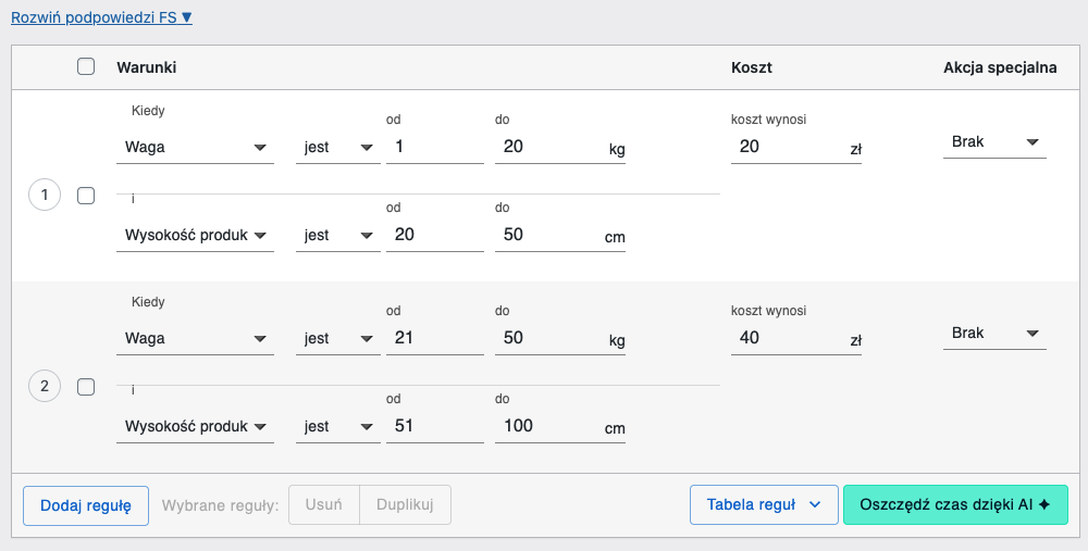 Flexible Shipping PRO - Połączona reguła Wagi i Wysokości produktu