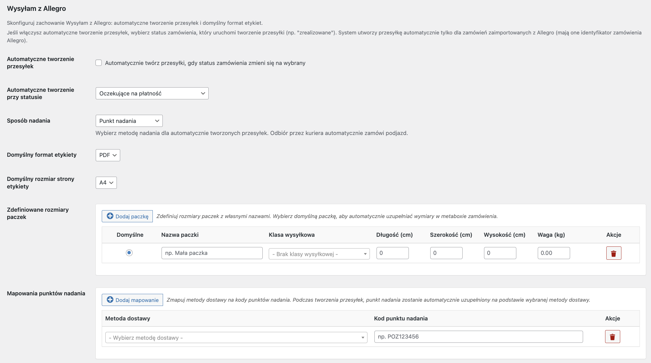 Wysyłam z Allegro - ustawienia