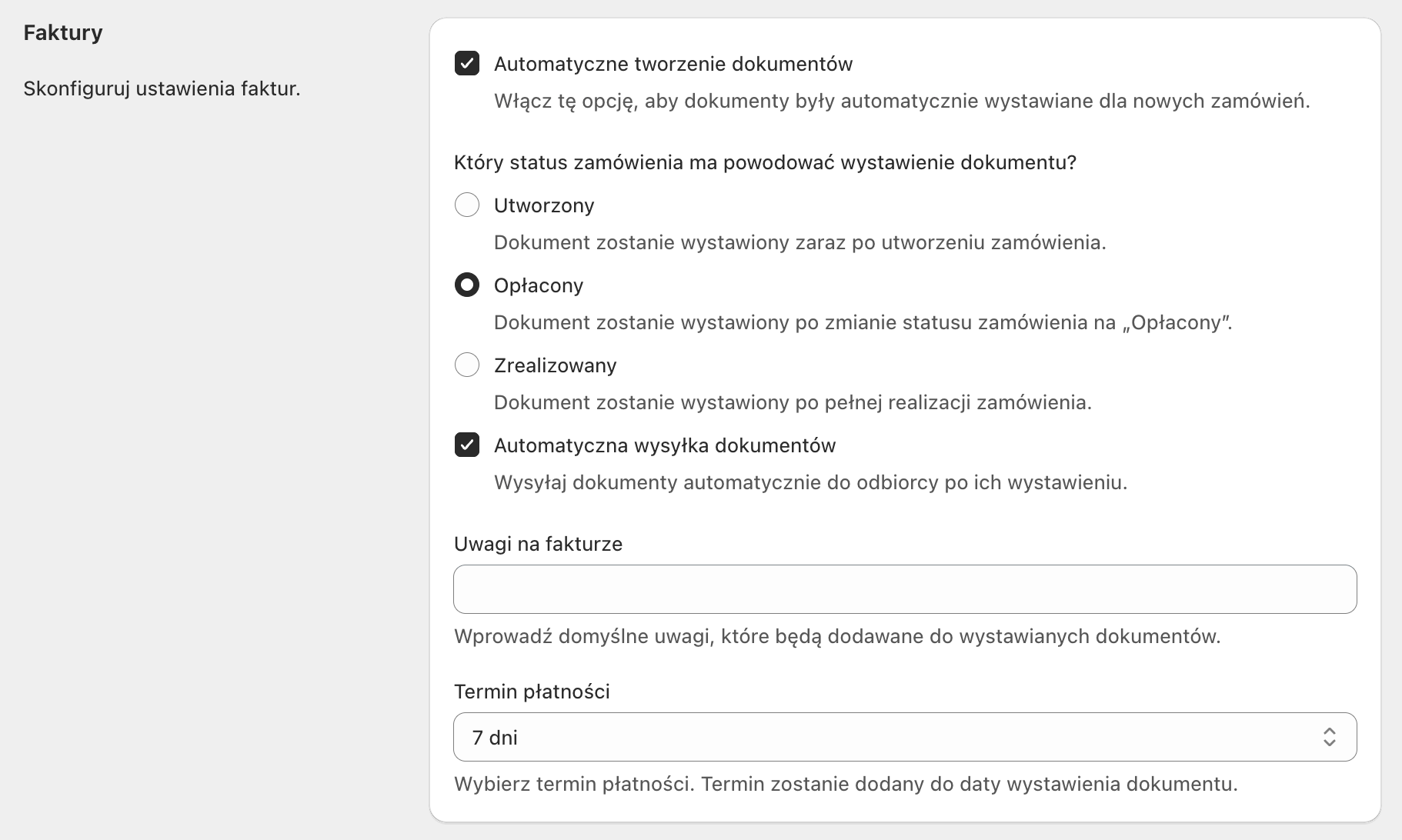 iFirma Shopify - ustawienia dokumentów