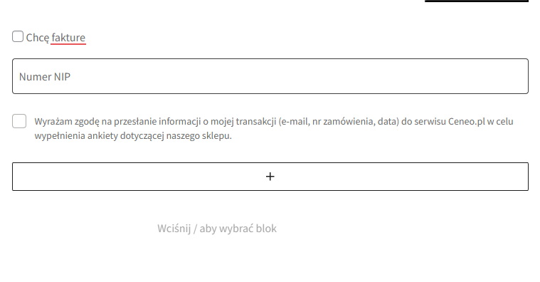 Checboxa Ceneo ze zgodą w formularzu blokowym WooCommerce