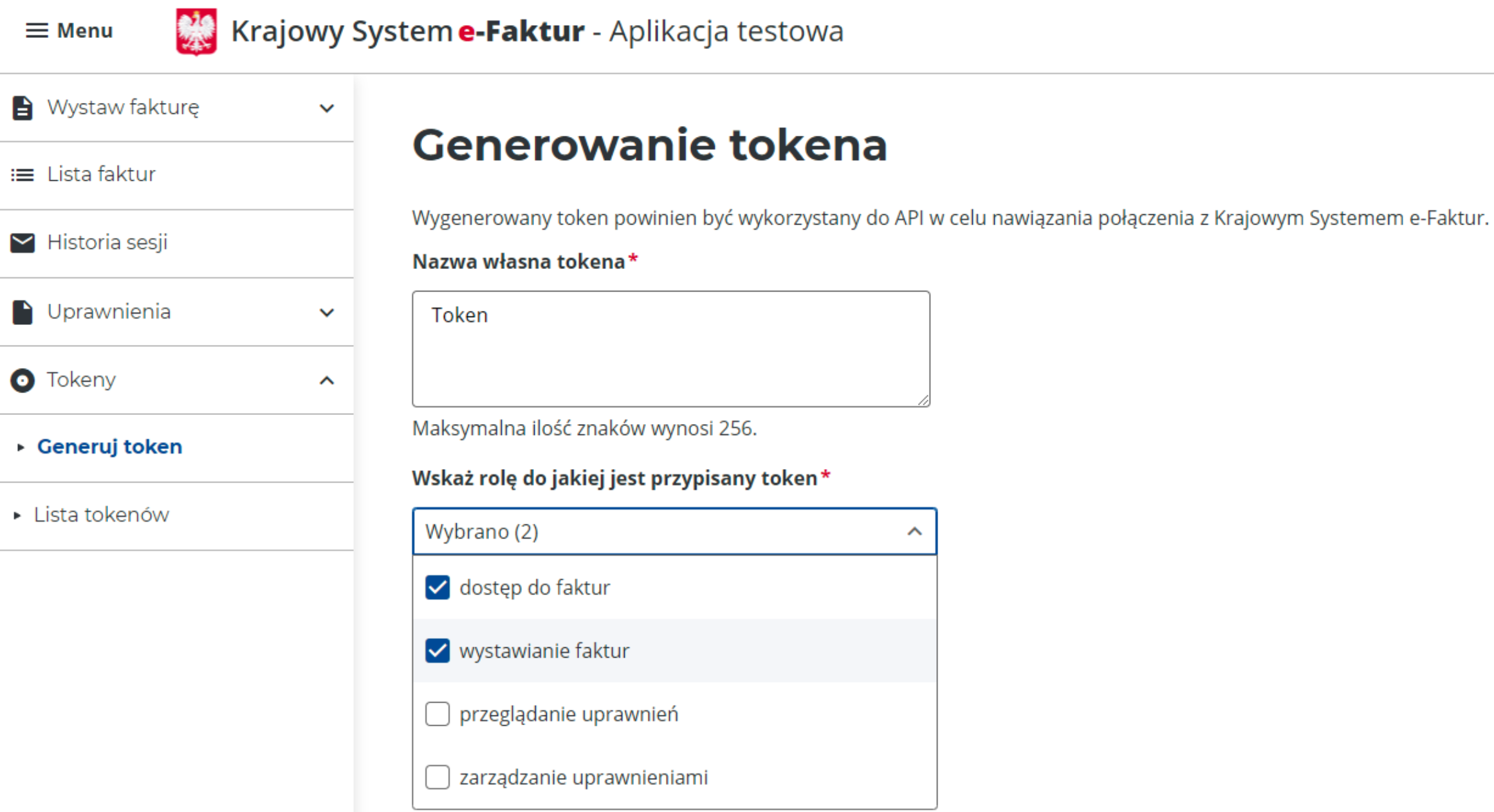 Proces generowania tokenu autoryzacyjnego w Krajowym Systemie e-Faktur z wyborem uprawnień.