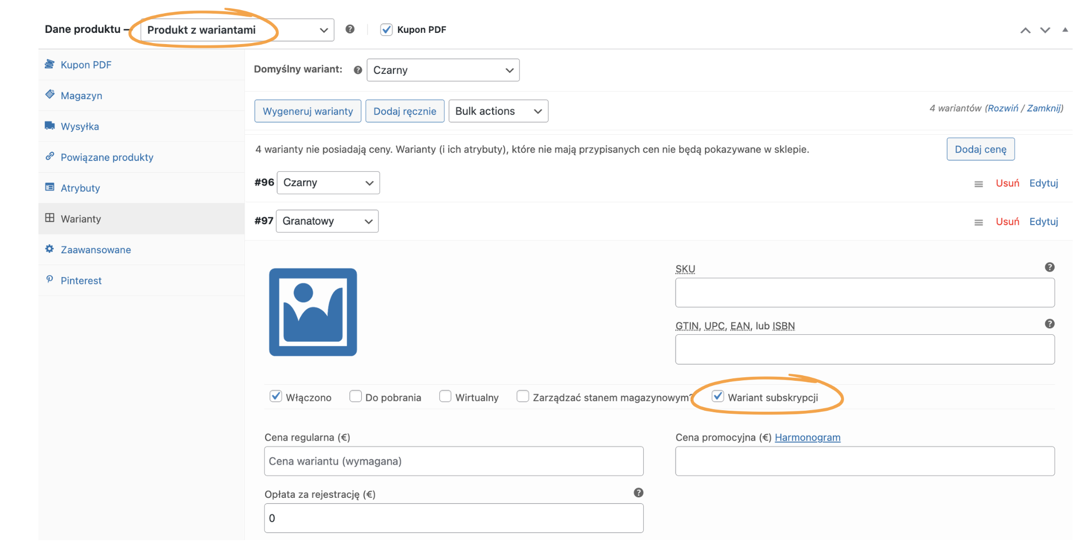 Zrzut ekranu z edycji produktu w WooCommerce z zaznaczonymi polami „produkt z wariantami” oraz „wariant subskrypcji” podczas konfiguracji dodatku „Subskrypcja z jednorazową opłatą” we wtyczce Flexible Subscriptions.