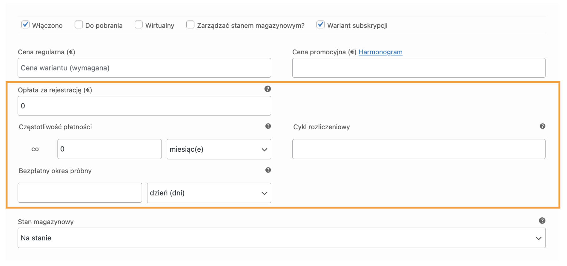 Zrzut ekranu przedstawiający pola konfiguracyjne, które pojawiają się po wybraniu opcji „wariant subskrypcji” w WooCommerce przy użyciu dodatku „Subskrypcja z jednorazową opłatą” dla wtyczki Flexible Subscriptions.