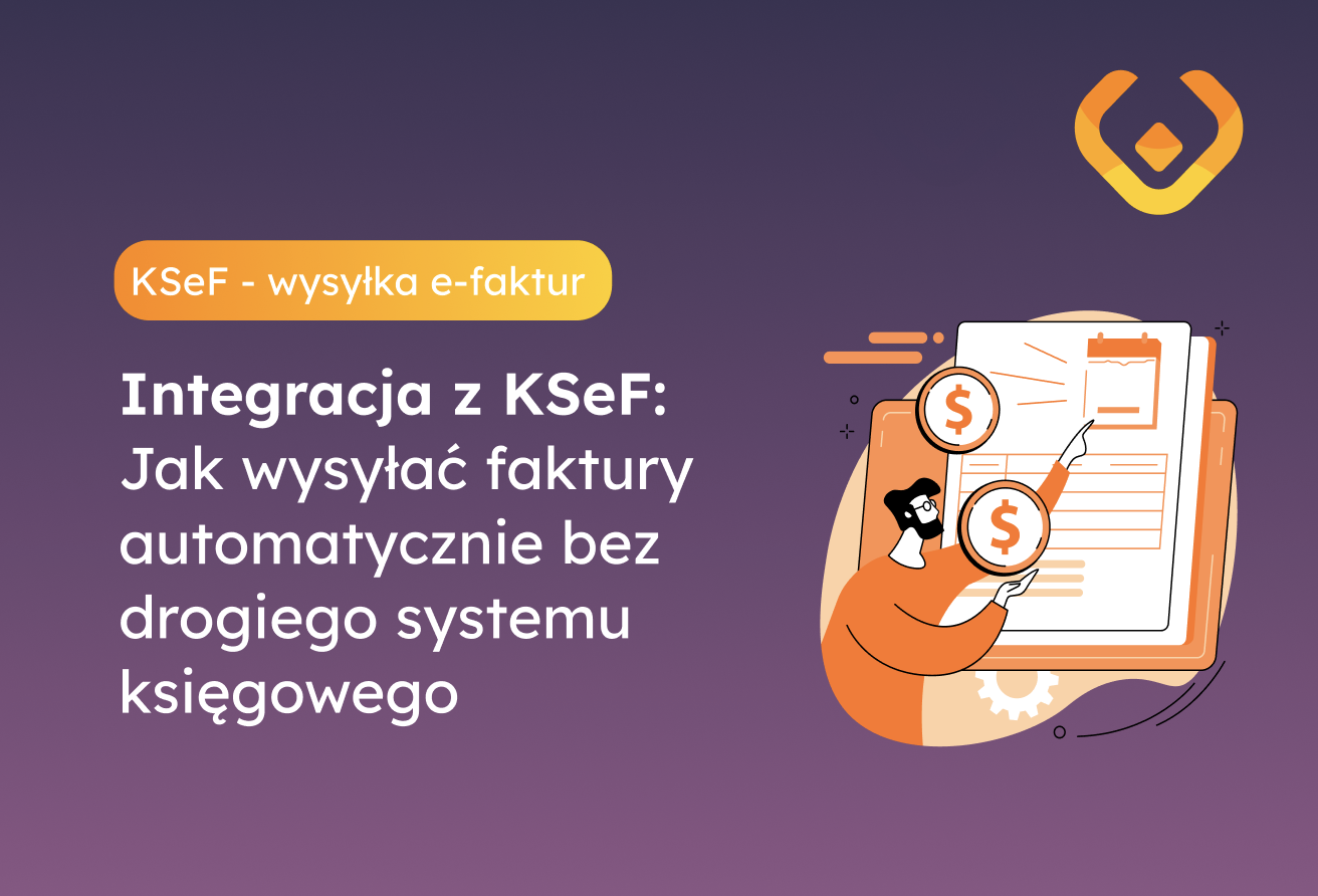 Integracja z KSeF - automatyczna wysyłka e-faktur do Krajowego Systemu e-Faktur z użyciem darmowej wtyczki „KSeF - wysyłka e-faktur”, grafika na fioletowym tle