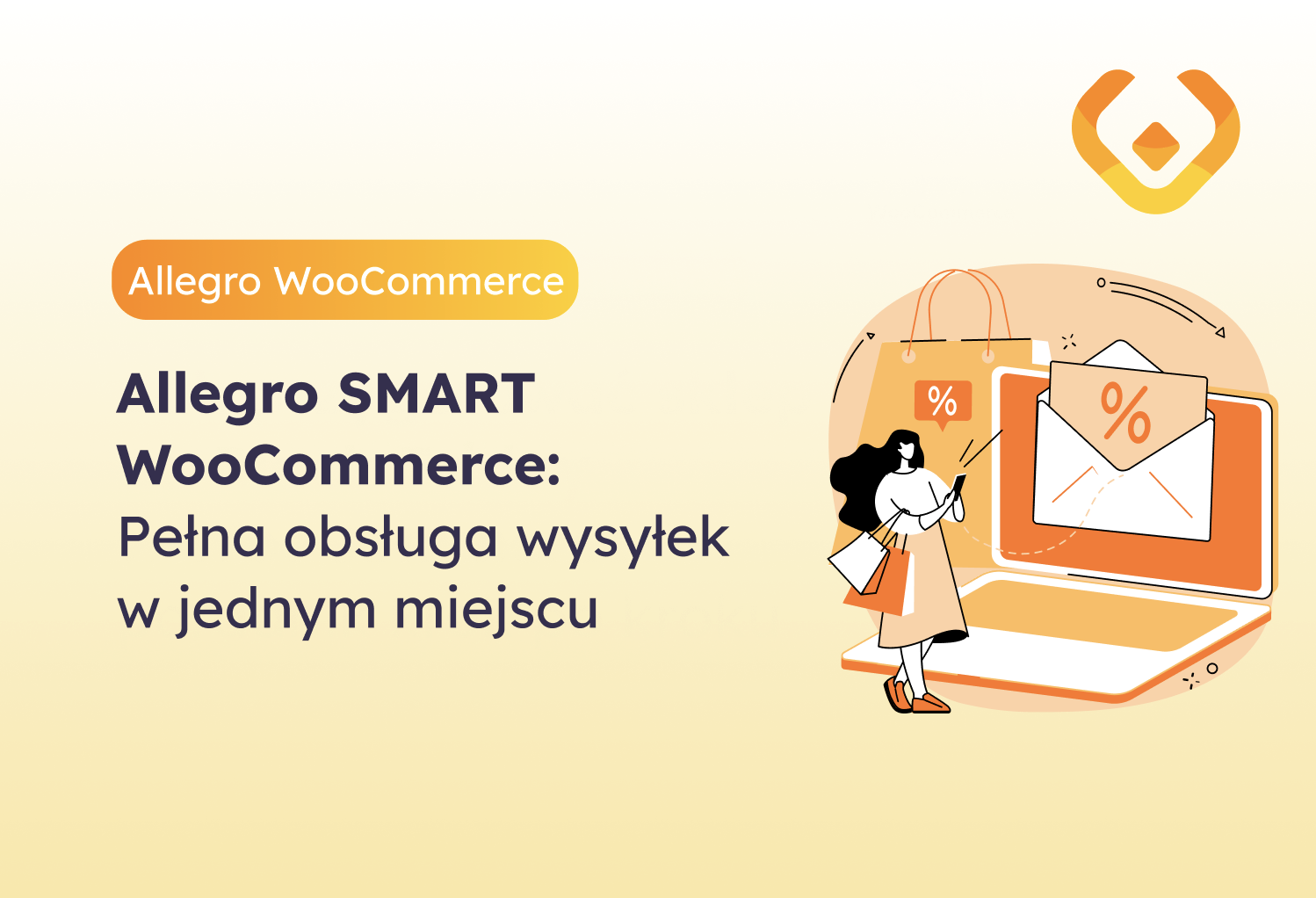 Allegro SMART WooCommerce – pełna obsługa wysyłek Allegro w WooCommerce z użyciem wtyczki „Allegro WooCommerce”, grafika na bladożółtym tle