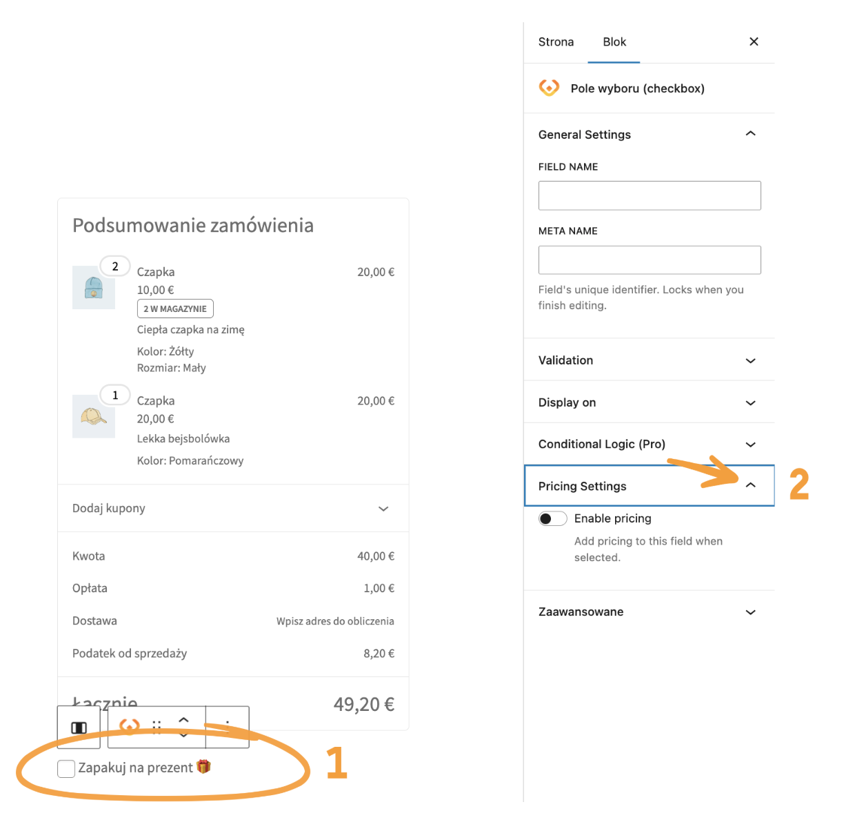 Wybór kategorii ustawień Pricing Settings po uprzednim uruchomieniu wtyczki Checkout Fields For Blocks - Ceny pól