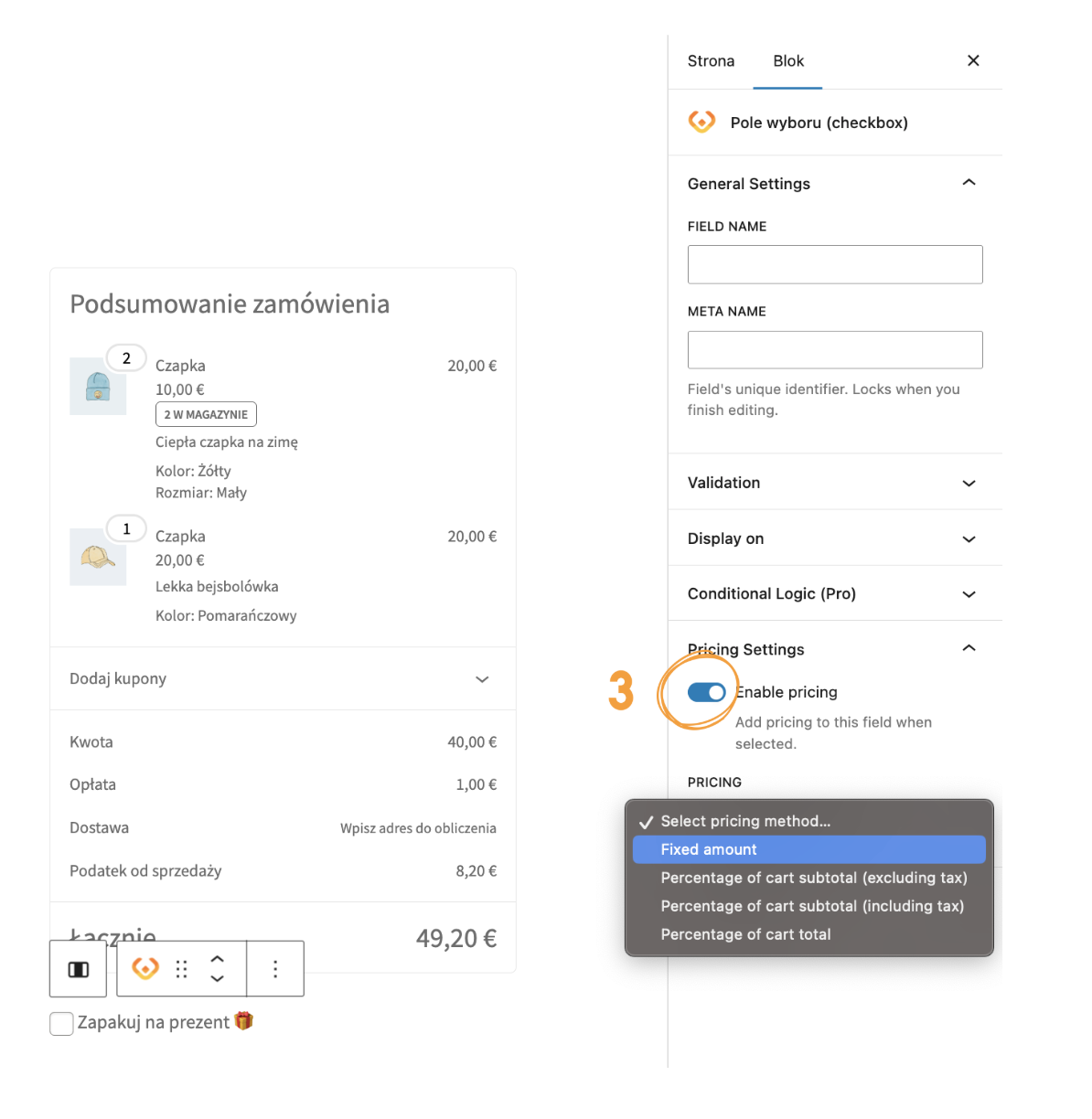Aby uruchomić cenę pola, klikamy "Enable pricing", następnie wybieramy metodę naliczania ceny pola.