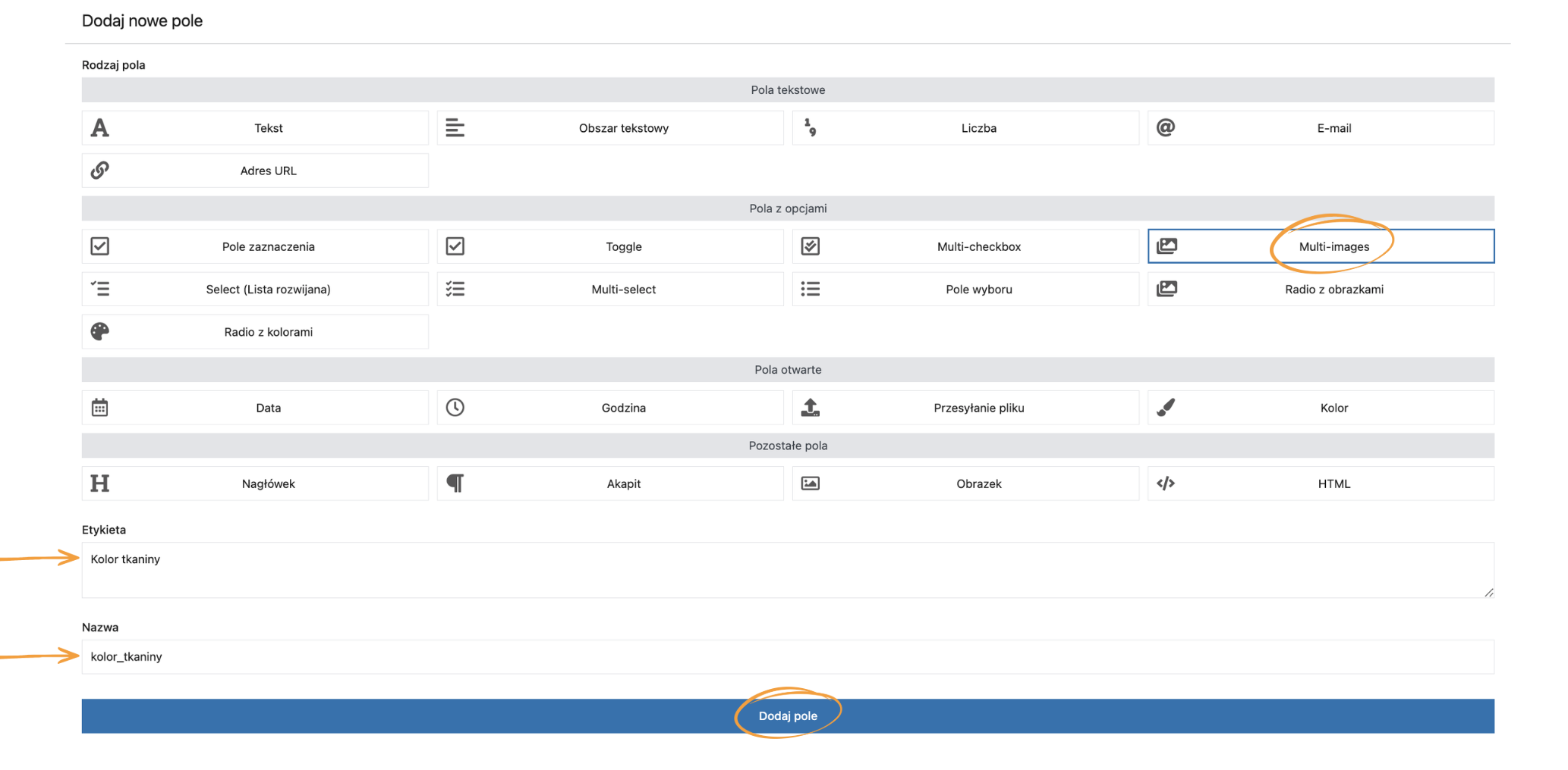 Dodanie pola Multi-images do produktu dzięki Flexible Product Fields PRO