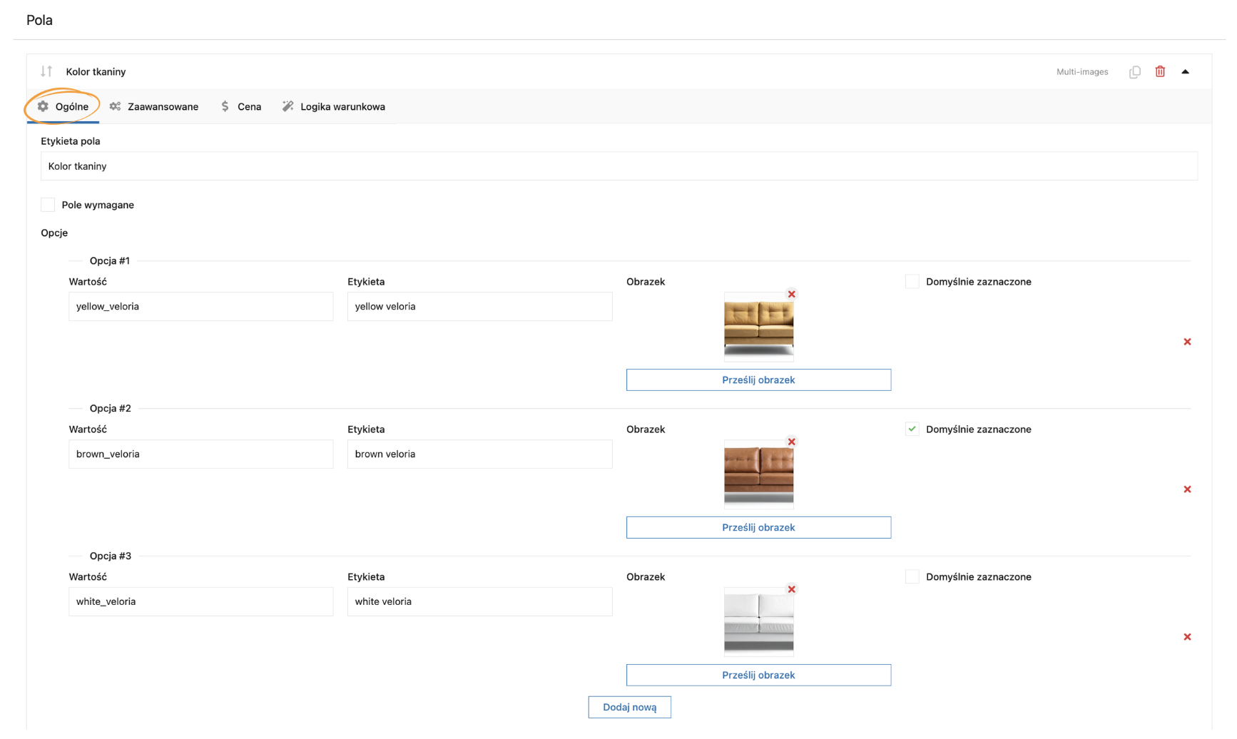 Dodawanie opcji do pola Multi-images