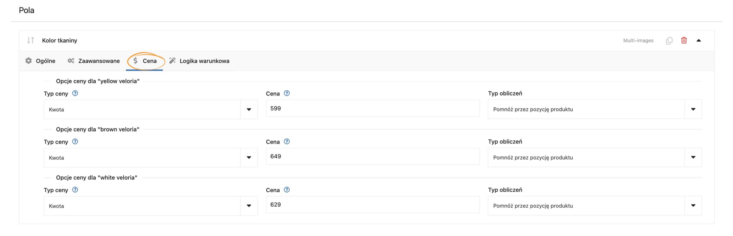 Ustawianie cen dla poszczególnych opcji produktu skonfigurowanych dzięki polu Multi-images