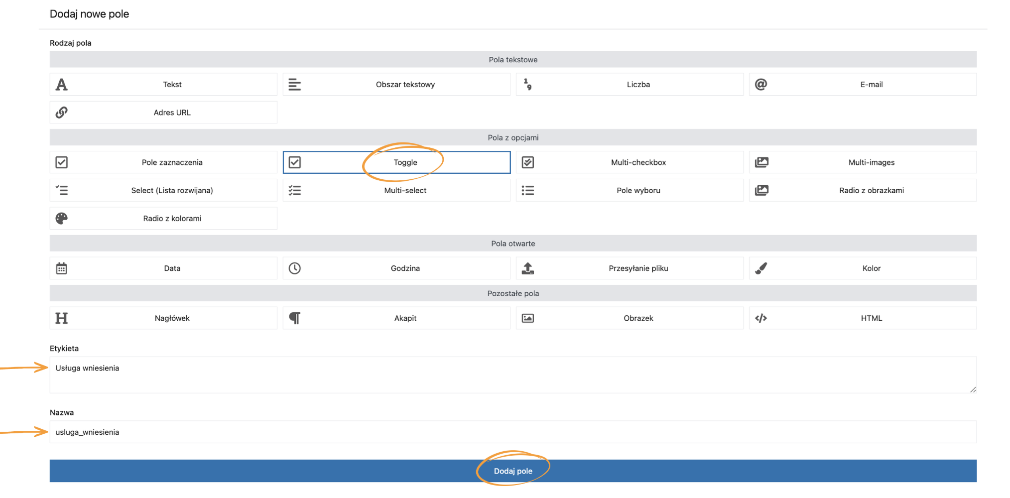 Dodanie pola Toggle do produktu, uzupełnienie etykiety i nazwy nowego pola