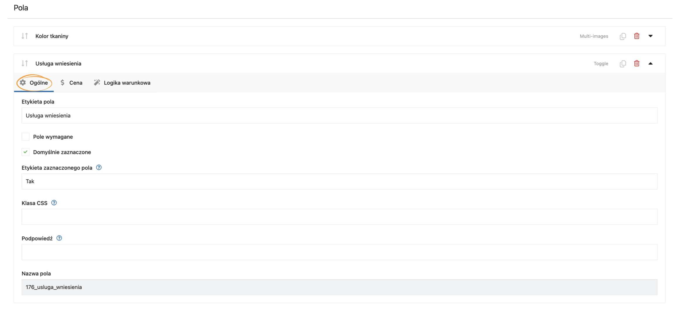 Ustawienia ogólne pola Toggle