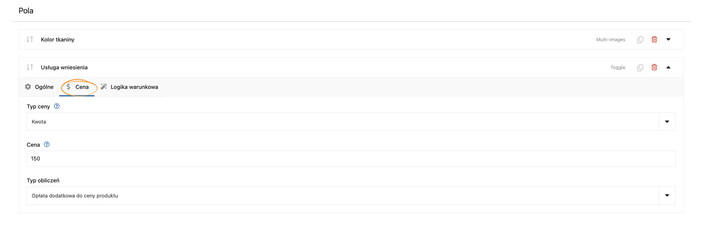 Dodawanie ceny do pola Toggle