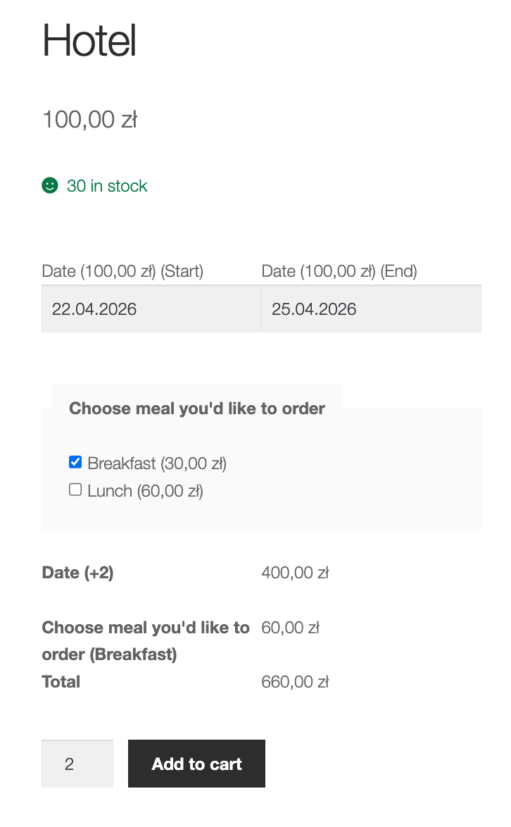Skonfigurowany produkt sprzedający usługi hotelowe w WooCommerce - Flexible Product Fields