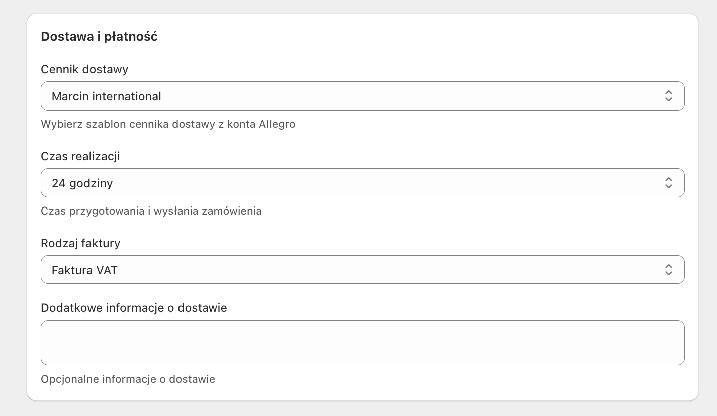 Allegro Shopify - dostawa i płatność