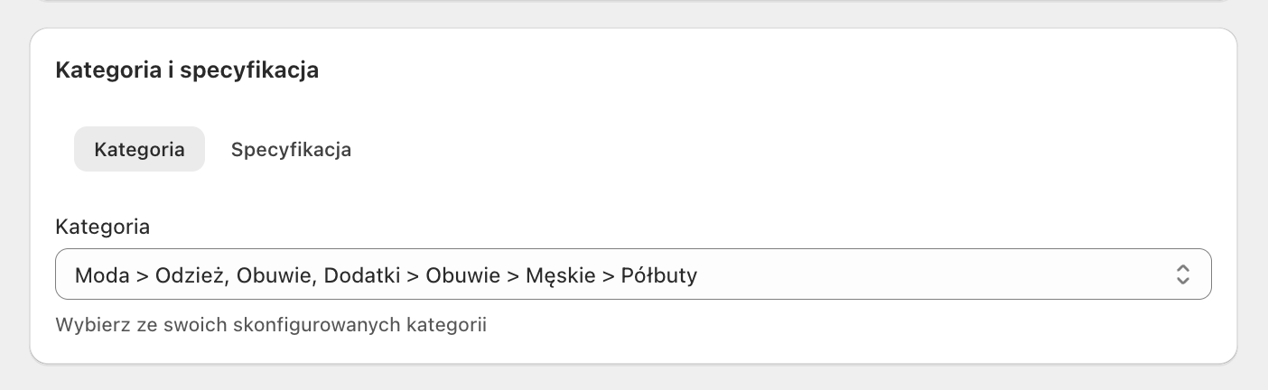 Allegro Shopify - ustawienia kategorii oferty