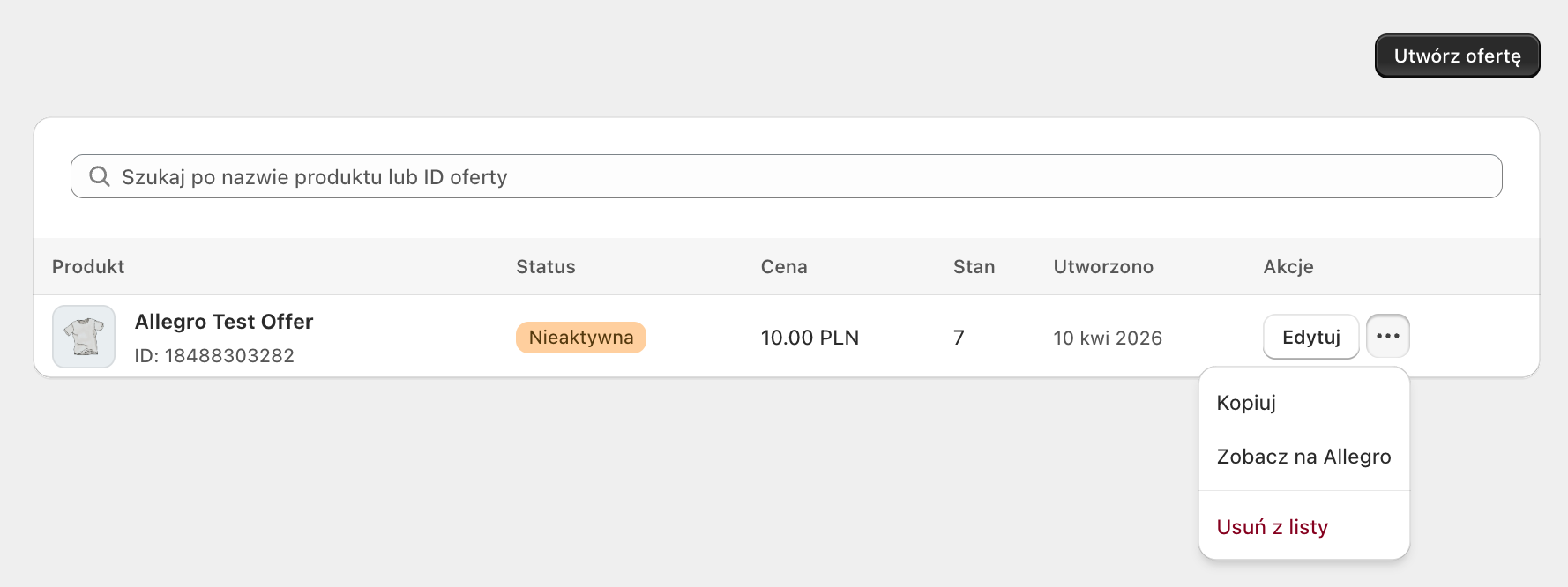 Allegro Shopify - lista aukcji