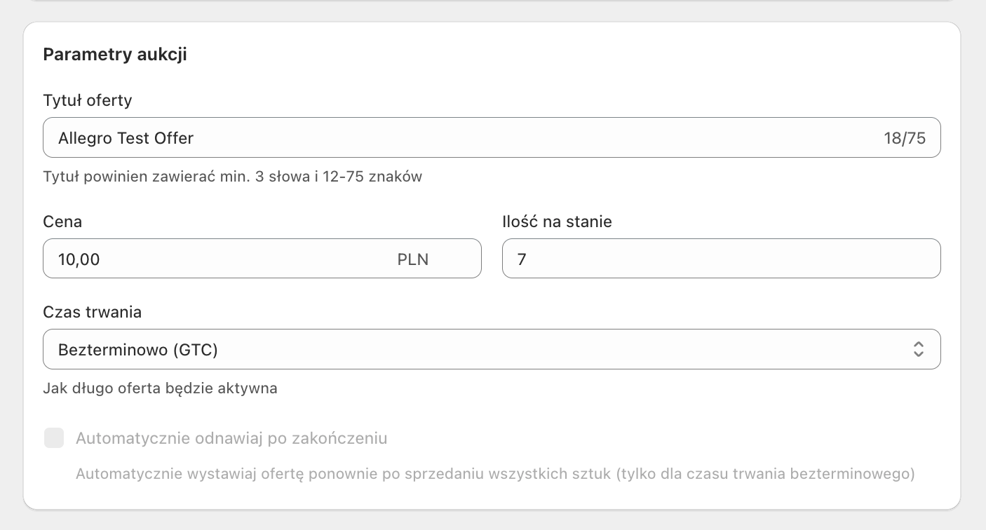 Allegro Shopify - parametry aukcji