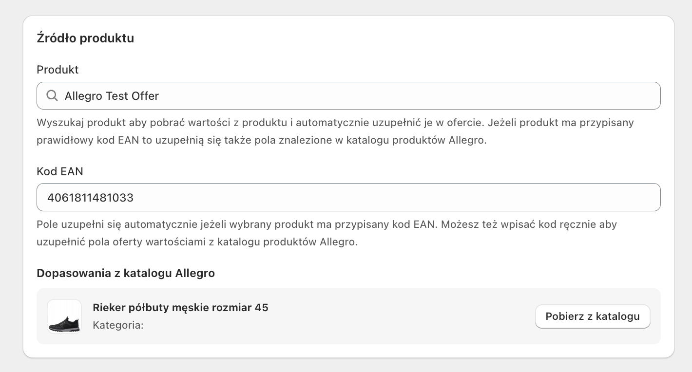 Allegro Shopify - wybór produktu, który ma być wystawiony jako oferta