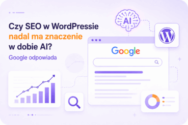 Grafika przedstawiająca temat nowych wytycznych Google SEO w kontekście WordPressa i sztucznej inteligencji. Na ilustracji widoczne są elementy wyszukiwarki Google, symbol WordPressa, ikona AI oraz wykresy sugerujące analizę SEO i widoczność strony w wynikach wyszukiwania.