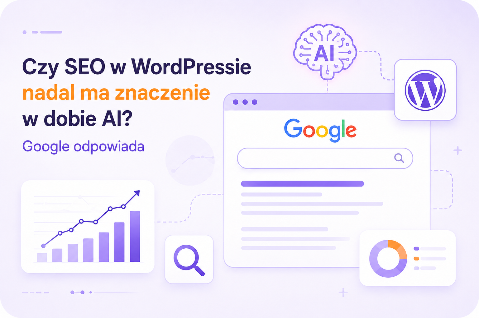 Grafika przedstawiająca temat nowych wytycznych Google SEO w kontekście WordPressa i sztucznej inteligencji. Na ilustracji widoczne są elementy wyszukiwarki Google, symbol WordPressa, ikona AI oraz wykresy sugerujące analizę SEO i widoczność strony w wynikach wyszukiwania.