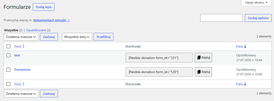 Lista dostępnych formularzy w Darowiznach WordPress
