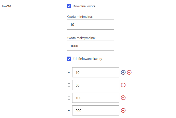 Ustawienia dostępnych kwot dla darowizn wordpress