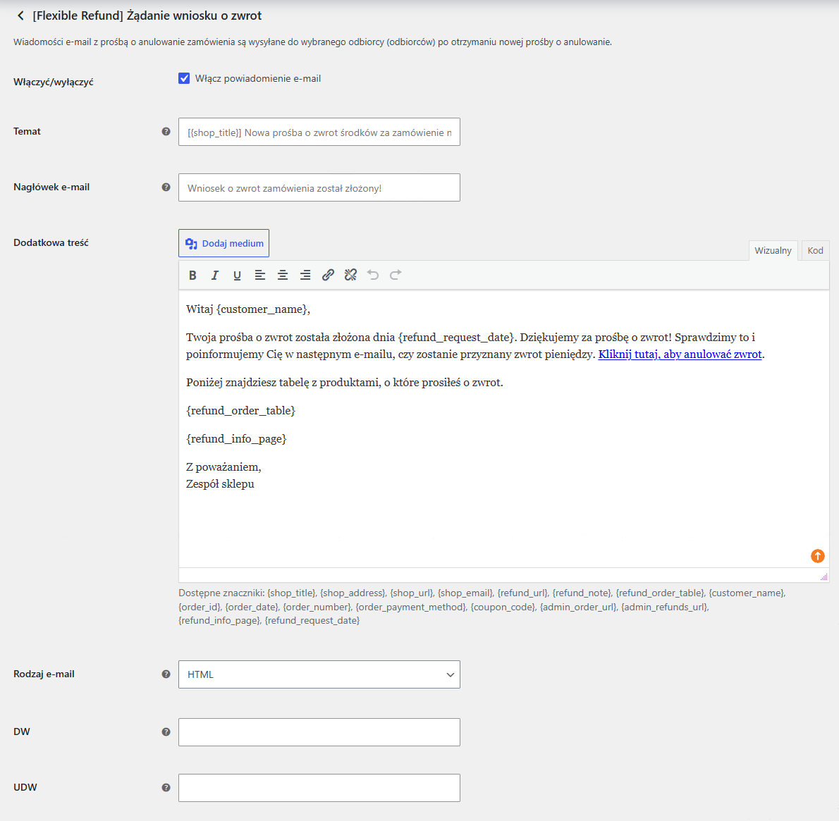 Elastyczne zwroty i reklamacje WooCommerce- edycja wiadomości e-mail