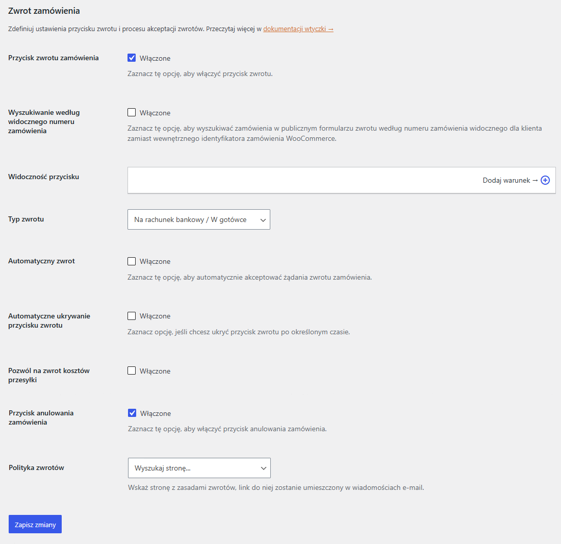 Elastyczne zwroty i reklamacje WooCommerce - ustawienia główne wtyczki